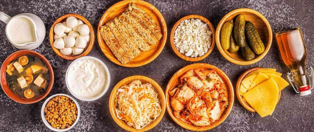 Fermented food products including kimchi, kombucha, yogurt, and sauerkraut for gut health and probiotic benefits.
